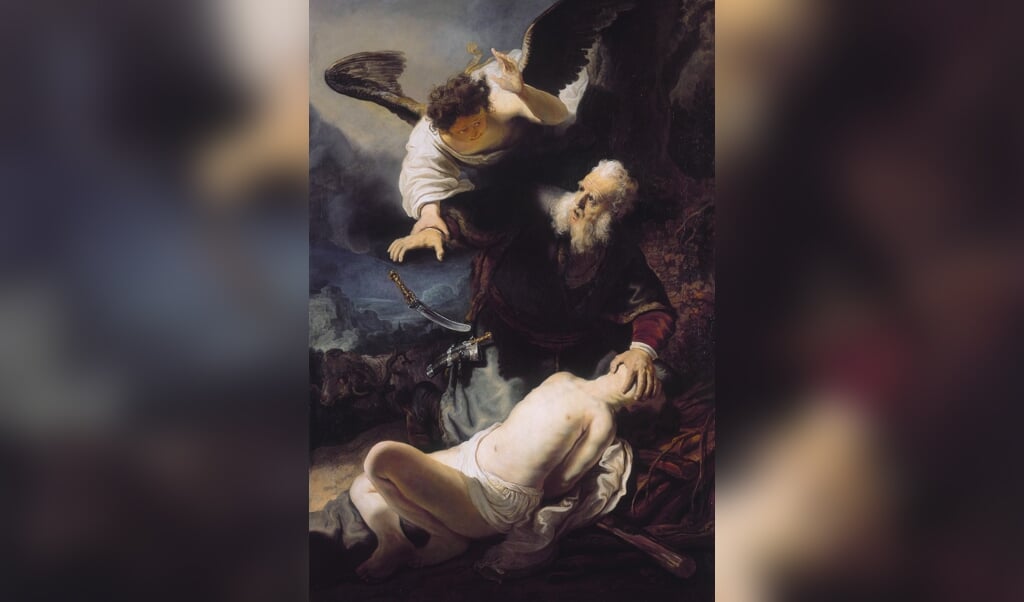 Abrahams offer van Isaak, hier verbeeld door Rembrandt. In Ouweneels vertelling verzoekt God Abraham na te zijn uitgedaagd door Lucifer. (beeld studio of rembrandt)