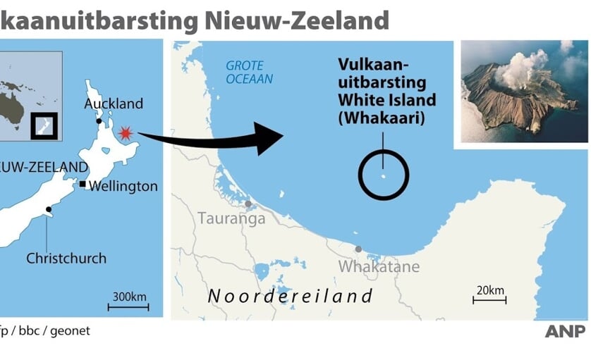 2019-12-09 08:37:24 Vulkaanuitbarsting Nieuw-Zeeland. Locatie White Island op Noordereiland. ANP INFOGRAPHICS ( beeld anp)