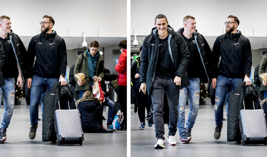 2020-01-02 11:26:07 SCHIPHOL - Iso Sluijters, Tim Remer en Fabian van Olphen van het Nederlandse handbalteam tijdens een persmoment op Schiphol in aanloop naar het Europees Kampioenschap. In voorbereiding op het eindtoernooi speelt de Nederlandse formatie