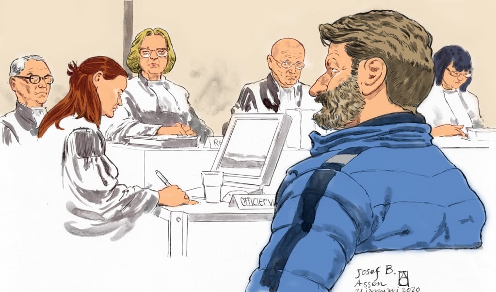Rechtbanktekening van de Oostenrijkse Josef B. tijdens de eerste pro-formazitting in de strafzaak Ruinerwold. (beeld anp / Aloys Oosterwijk)