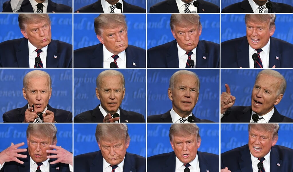 <p>Joe Biden en Donald Trump tijdens hun eerdere, veelbesproken debat op 29 september in Cleveland. </p> (beeld afp / Jim Watson en Saul Loeb)