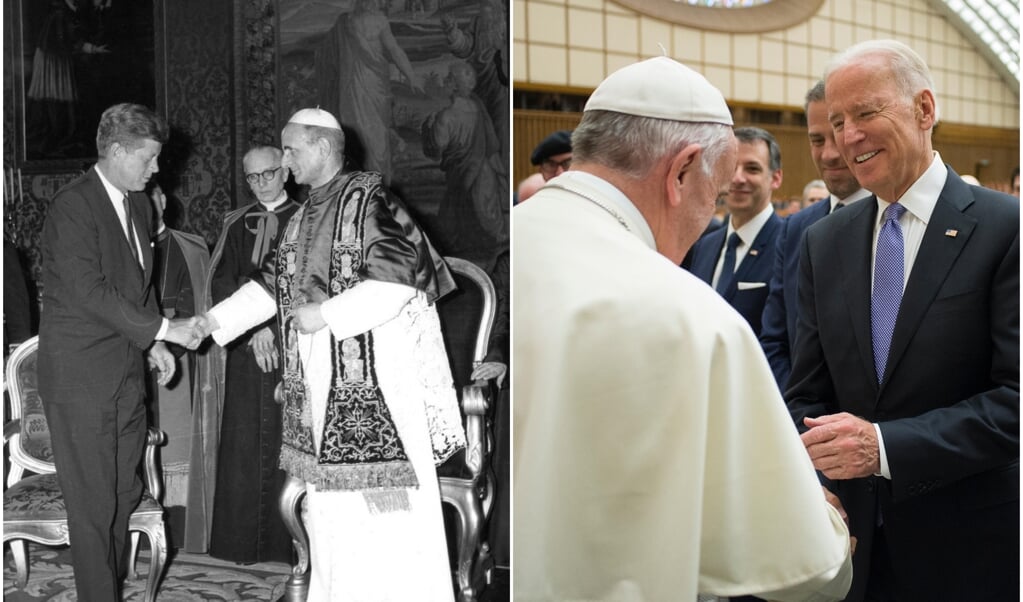 <p>Links: Kennedy ontmoet paus Paulus VI op 2 juli 1963. Rechts: Biden ontmoet paus Franciscus op 29 april 2016.</p> (beeld cns, afp)