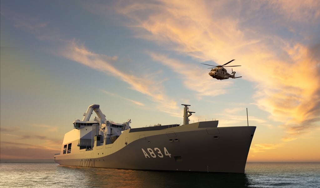 Het nieuwe bevoorradingsschip van de Koninklijke Marine, dat in 2024 in de vaart komt, krijgt de naam 'Zr.Ms. Den Helder'. (beeld Damen)