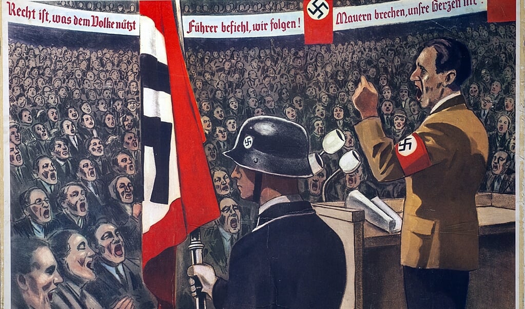 Een schoolplaat van de toespraak van propagandaminister Joseph Goebbels in het kolossale Sportpalast in Berlijn op 30 januari 1943. (beeld Universität Würzburg)