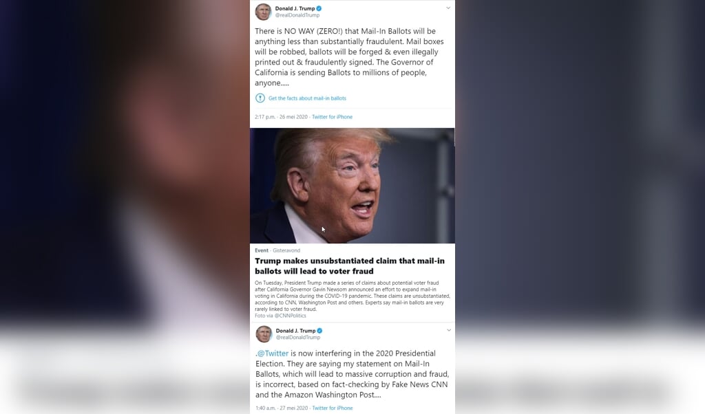 Nieuw op het Twitteraccount van Trump: een waarschuwing van Twitter bij een tweet van de president. De waarschuwing is ook een link naar de uitleg ervan. (beeld Twitter)