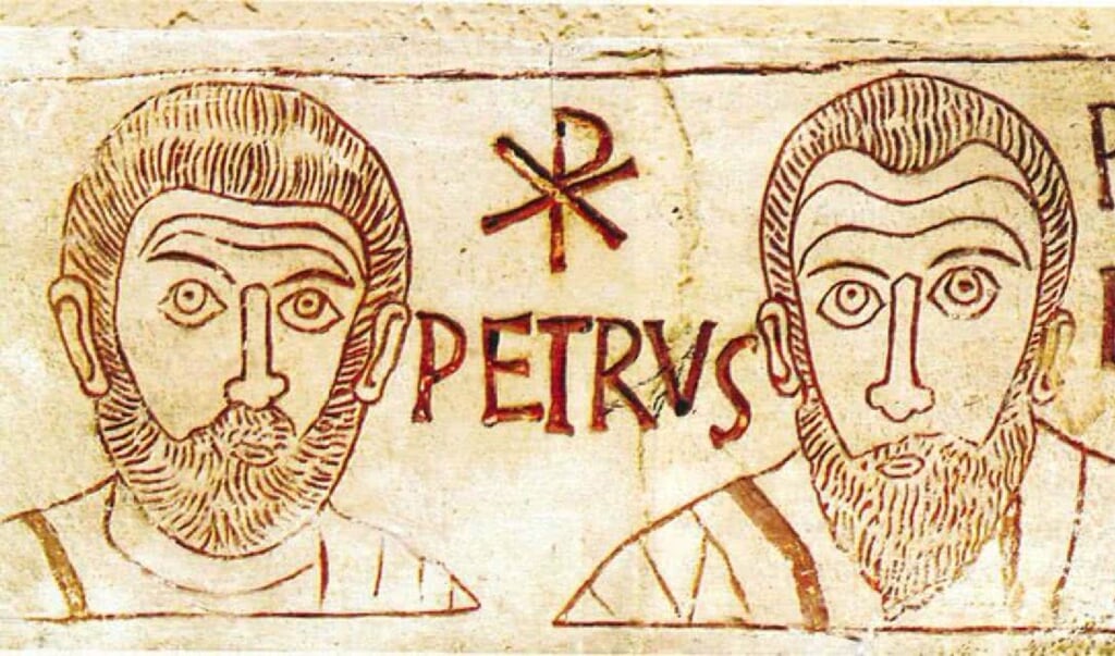 Petrus en Paulus naar een tekening uit de vijfde eeuw, aangetroffen in een catacombe in Rome. (beeld wikipedia)