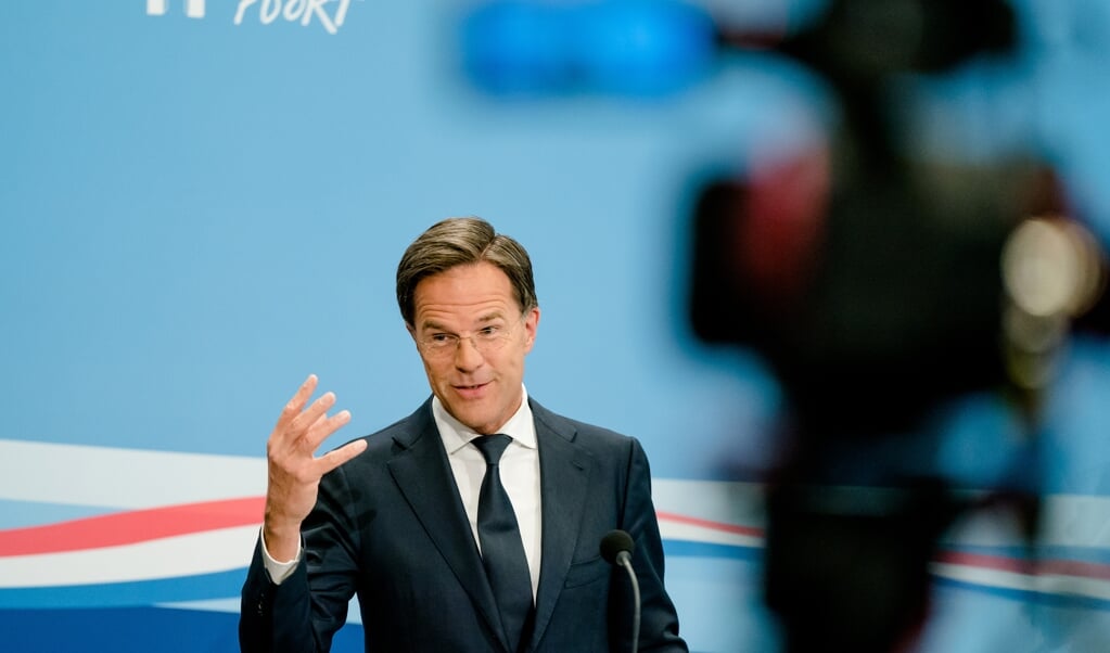 Minister-president Mark Rutte vrijdagmiddag tijdens de persconferentie na afloop van de ministerraad. (beeld anp / Bart Maat)