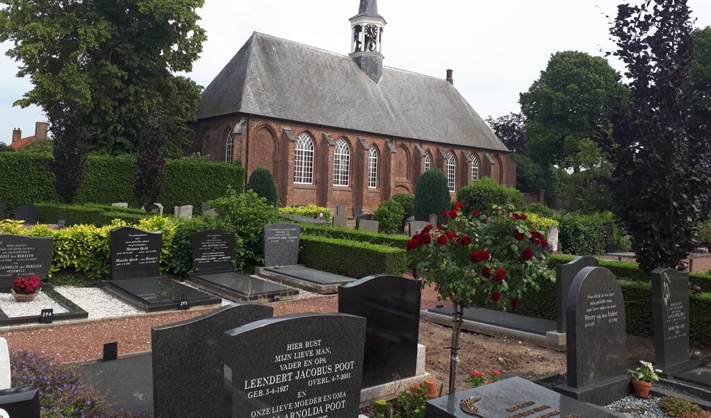 De begraafplaats in Hedel en de Nederlands-hervormde kerk met zijn witte houten torentje. (beeld nd)