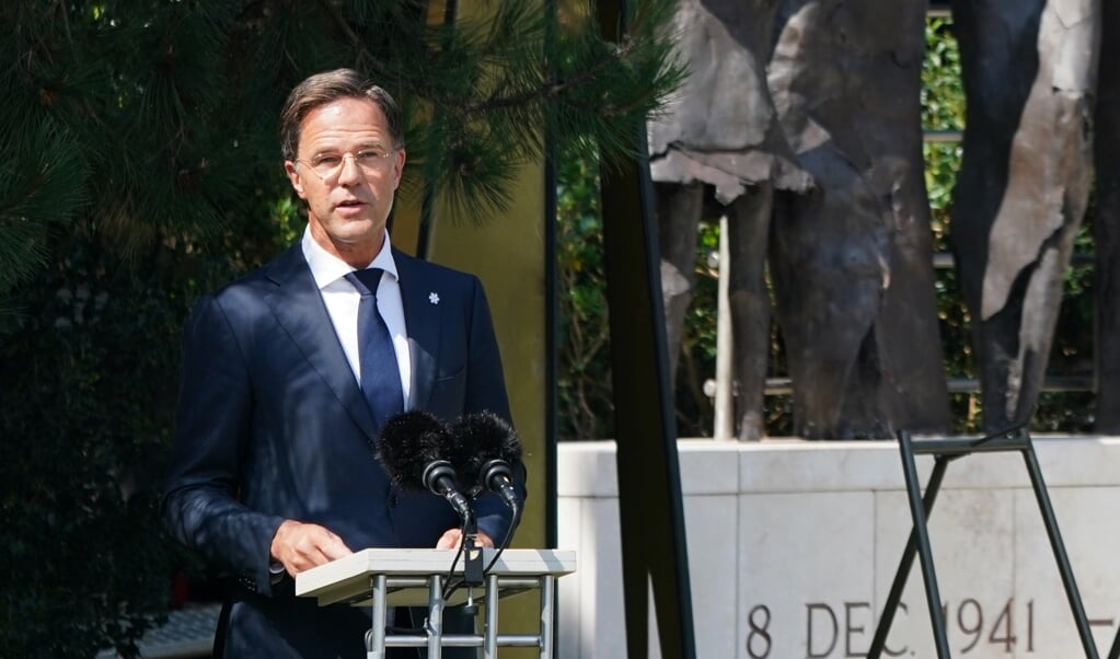Mark Rutte hield zaterdag een toespraak bij het Indisch Monument tijdens de nationale herdenking van het einde van de Tweede Wereldoorlog in voormalig Nederlands-Indië. (beeld anp / Jerry Lampen)