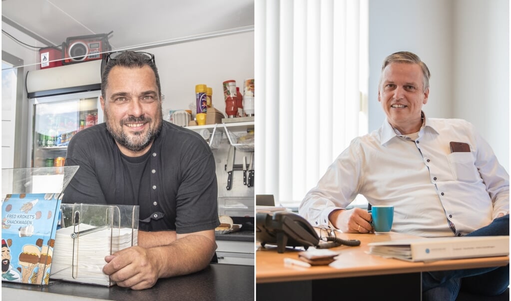 Links: Snackwagen Fred Kroket, met Fred Voskuil. Rechts: Marco van de Wetering van beursorganisator Helderblauw. (beeld Martin Waalboer, Jorik Algra)