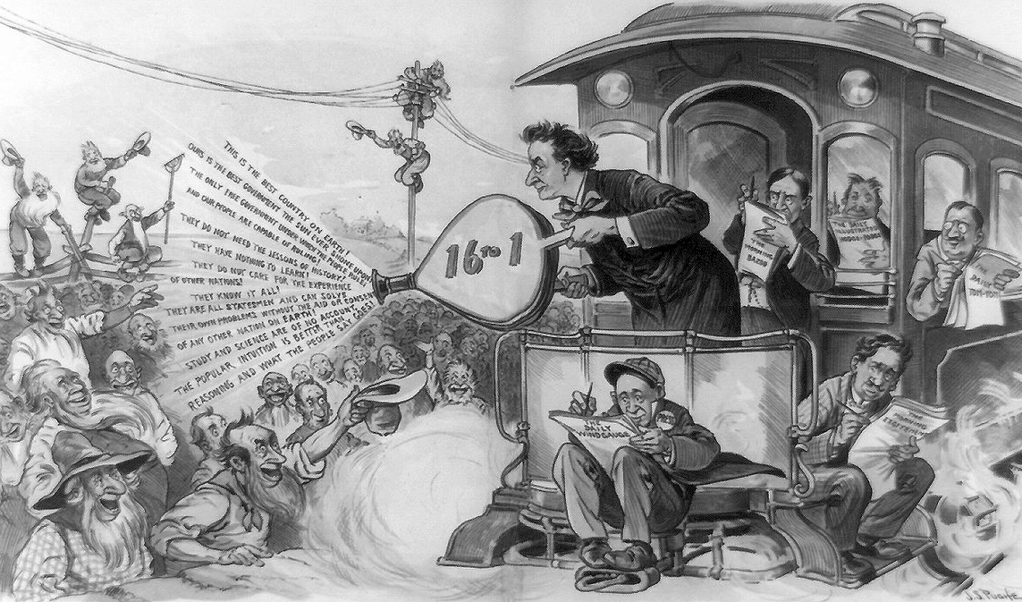 Cartoon van presidentskandidaat William Jennings Bryan, die in 1896 per trein het land doortrok. (beeld Library of Congress)