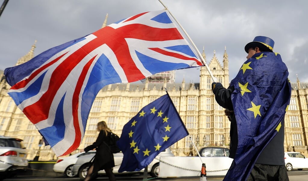 Een anti-brexit demonstrant zwaait met de Engelse vlag bij het Britse parlementsgebouw in Londen. (beeld afp / Tolga Akmen)