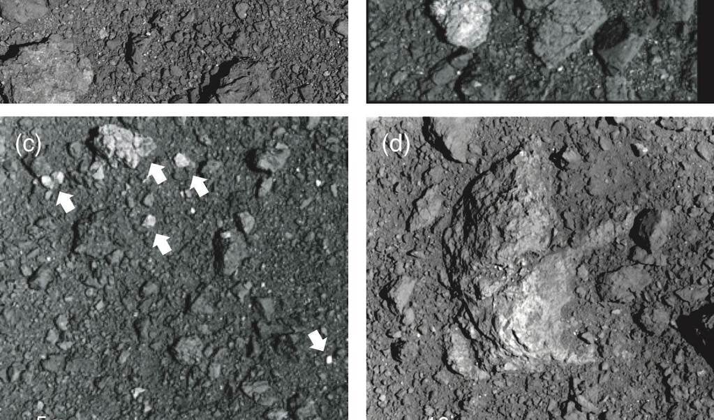 <p>Foto’s van rotsen op het oppervlak vak van Ryugu, gemaakt door de ruimtesonde Hayabusa2.</p> (beeld Eri Tatsumi)