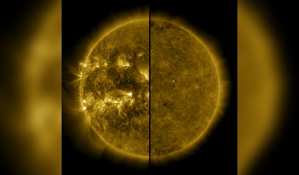 <p>Beeld van maximale zonne-activiteit in april 2014 (l) en minimale activiteit in december 2019.</p> (beeld nasa)