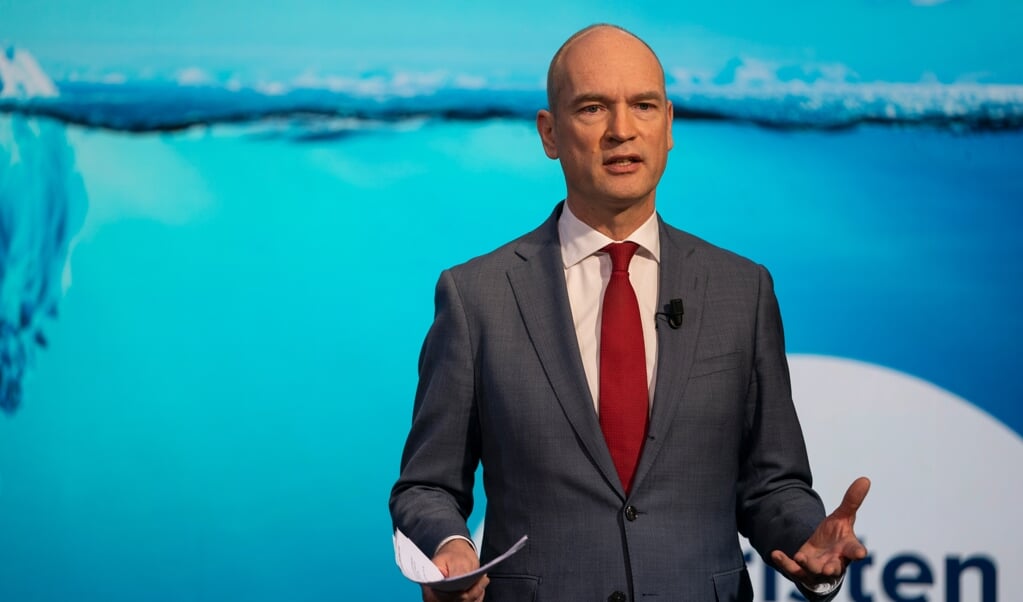 Partijleider Gert-Jan Segers tijdens het digitale partijcongres van de ChristenUnie. (beeld anp / Jeroen Jumelet)