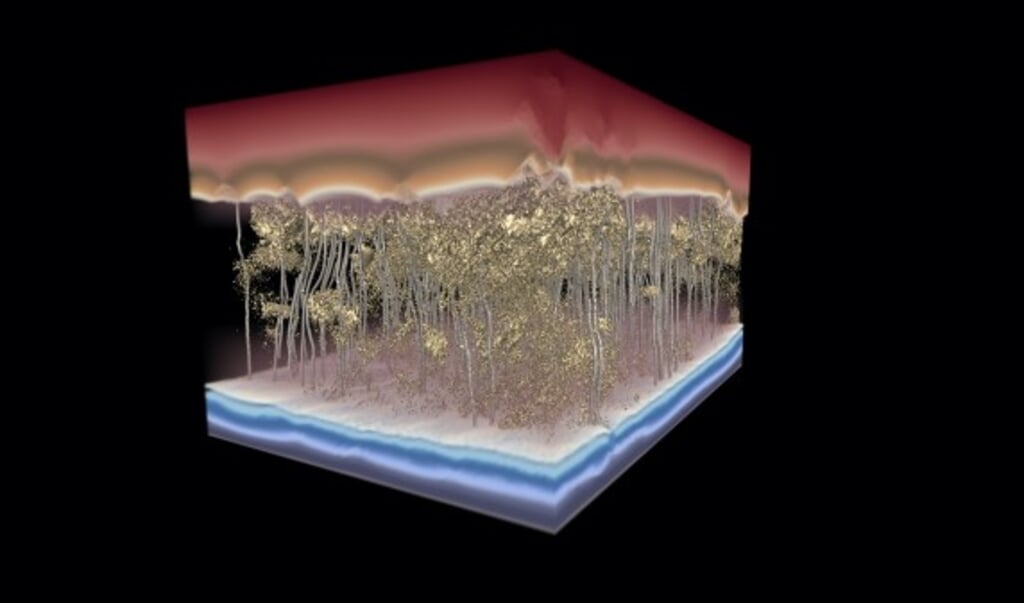 Een 3D-model van een dunne membraan voor filtratie van water. Water onder druk is bovenaan in rood te zien. De zilveren kanaaltjes van boven naar beneden geven aan waar water door de membraan heen stroomt. Dit water vermijdt de delen van de membraan met een hogere dichtheid (de goudkleurige stukken). (beeld ganapathysubramanian research group)