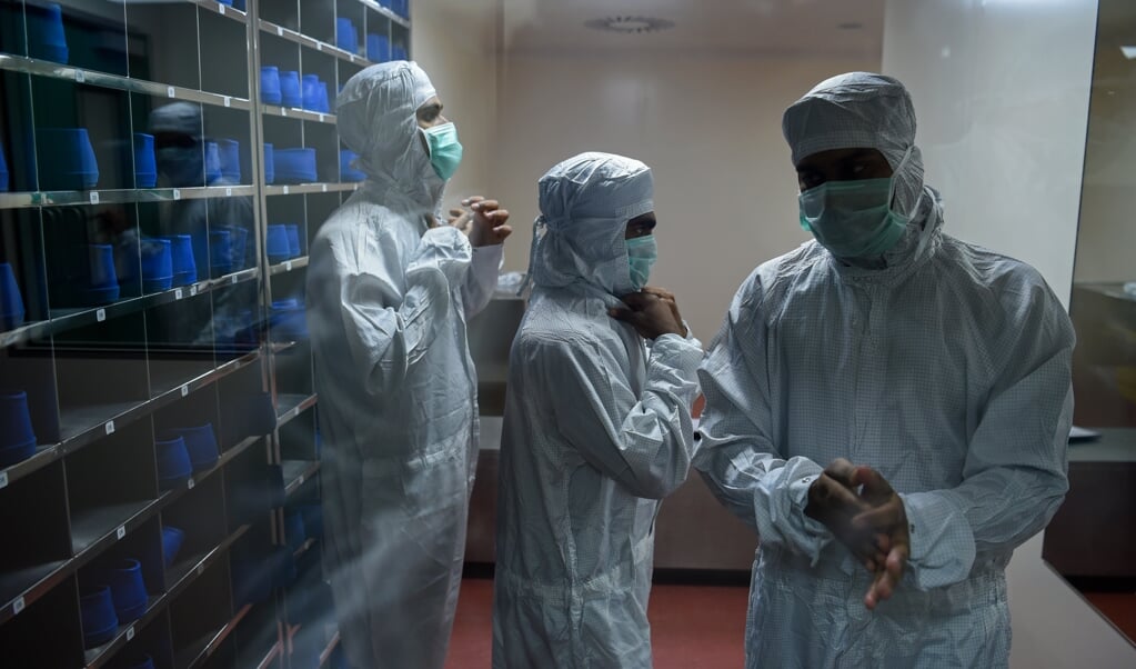 Medewerkers van het Serum Institute in het West-Indiase Pune maken zich op voor hun werkdag. Het instituut is een van de belangrijkste producenten van het Oxfordvaccin. (beeld afp / Punit Paranjpe)