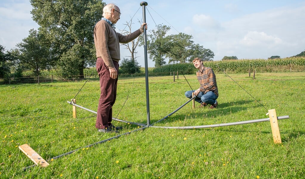 Brian Hare (r.) en Olaf Scholten in een weiland in Peize. Ze creëren een vonk met een Wimshurst-machine. (beeld Harry Cock)