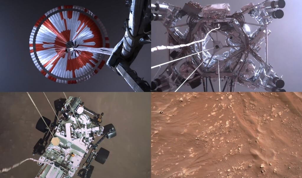 Met de klok mee: het uitklappen van de parachute, de zwevende takelwagen die het karretje naar beneden laat zakken, het stof op de marsgrond dat tijdens de landing omhoog waait en Perseverance op weg naar het oppervlak. (beeld nasa)