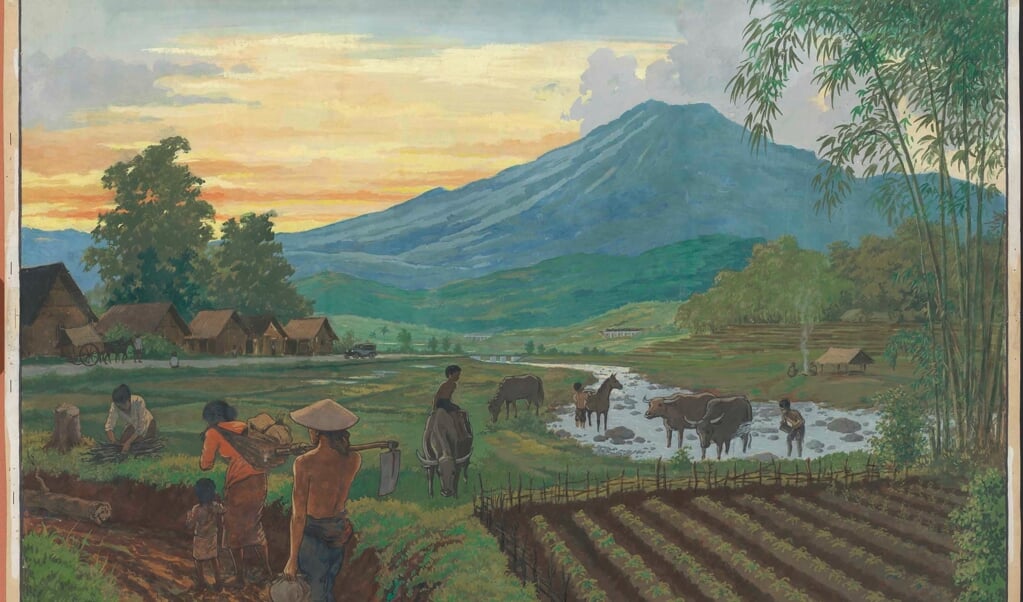 'Avondbestemming', circa 1930, Frits van Bemmel (1898-1981). Serie: Milieuplaten – 12 platen voor het Indisch Onderwijs. J.B. Wolters Uitgevers Maatschappij N.V. Groningen/Den Haag/Batavia/Weltevreden. (beeld Nationaal Onderwijsmuseum)