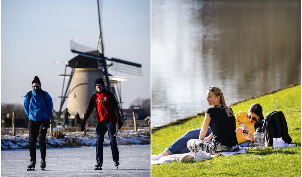 Links: schaatsers passeren de molens van Kinderdijk, afgelopen weekend. Rechts: lenteweer in februari 2019. (beeld anp / Sem van der Wal, anp / Piroschka van de Wouw)