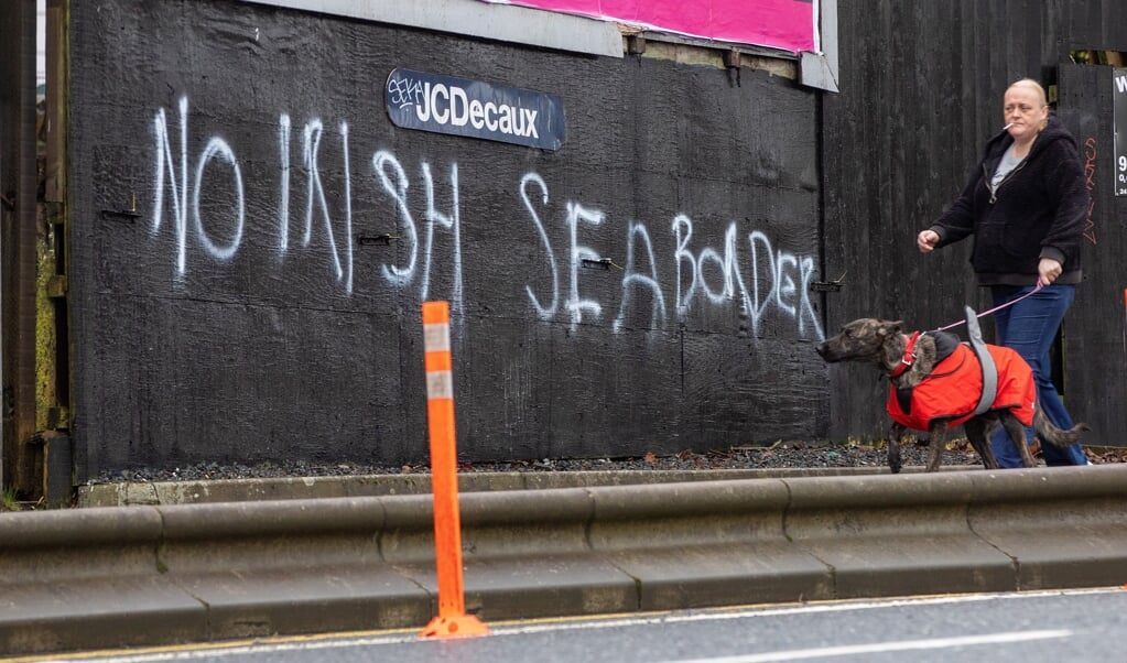'Geen grens in de Ierse Zee', staat - vrij vertaald - op deze muur in Belfast. (beeld afp / Paul Faith)