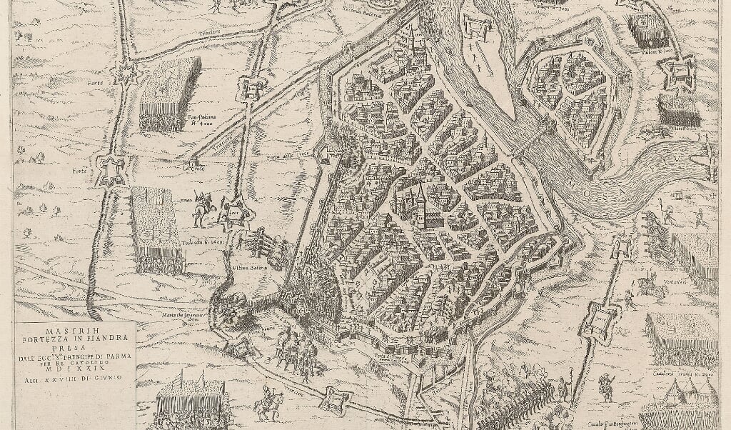 Tekening van Maastricht na de insluiting door Spaanse troepen. (beeld Wikimedia / kopergravure Mario Cartaro )