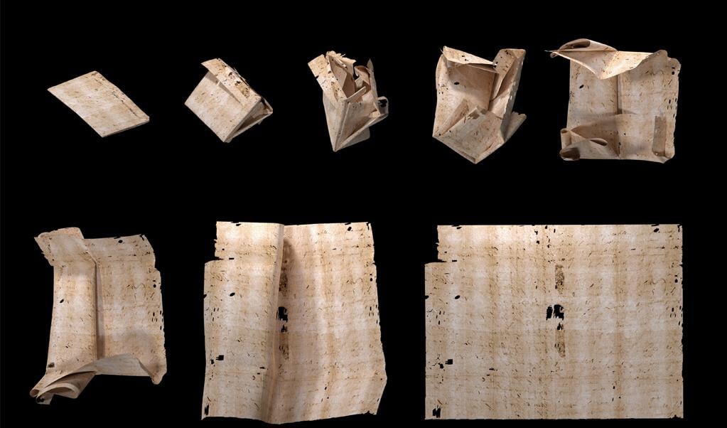 Het digitaal uitvouwen van een gescande brief stap voor stap in beeld gebracht. (beeld unlocking history research group)