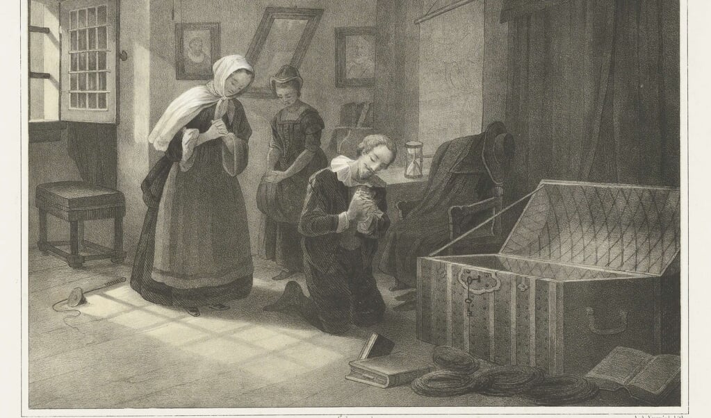 Een schoolplaat uit 1856 beeldt uit hoe De Groot, zijn vrouw en het dienstmeisje bidden voor een goede afloop. (beeld nd)