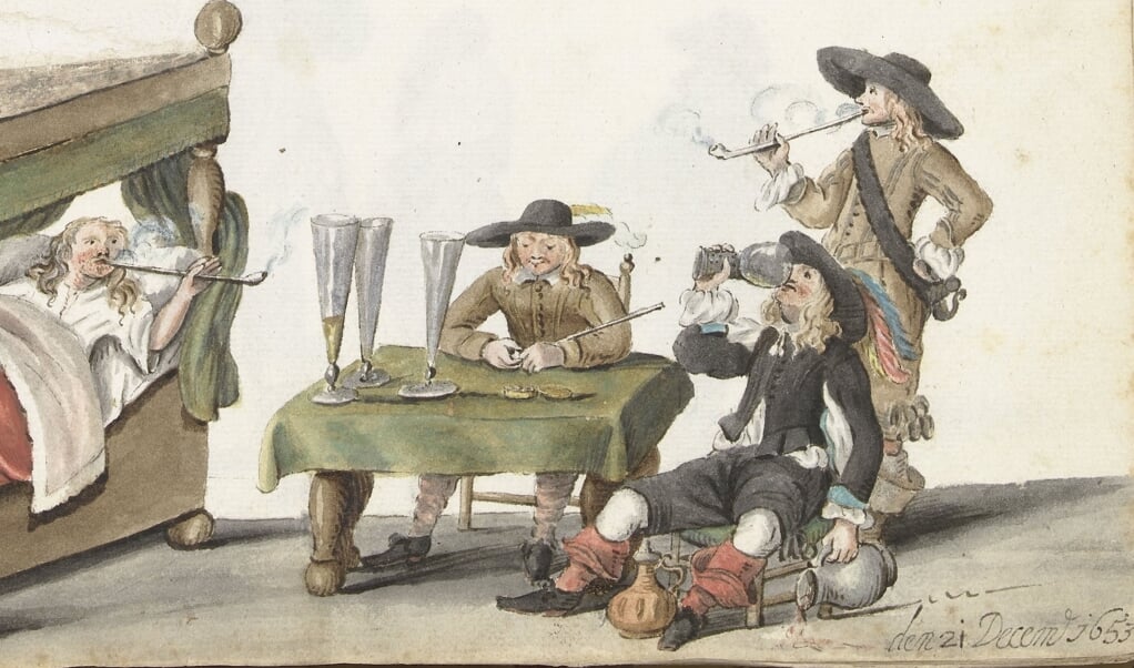 Een schilderij met rokende Nederlandse jongemannen in de zeventiende eeuw. (beeld collectie Rijksmuseum Amsterdam / Gesina ter Borch, 1653)