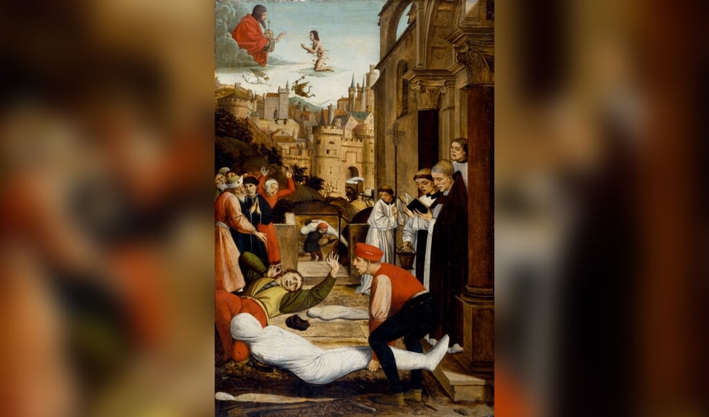 Josse Lieferinxe schilderde in 1497 voor de stad Pavia het smeken van Sint Sebastiaan voor de pestlijders. (beeld museum het valkhof)