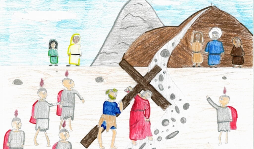 Een van de tekeningen die tijdens de Kruisweg in het Vaticaan zal worden getoond. De vijfde statie: Simon van Cyrene helpt Jezus het kruis dragen. (beeld nd)