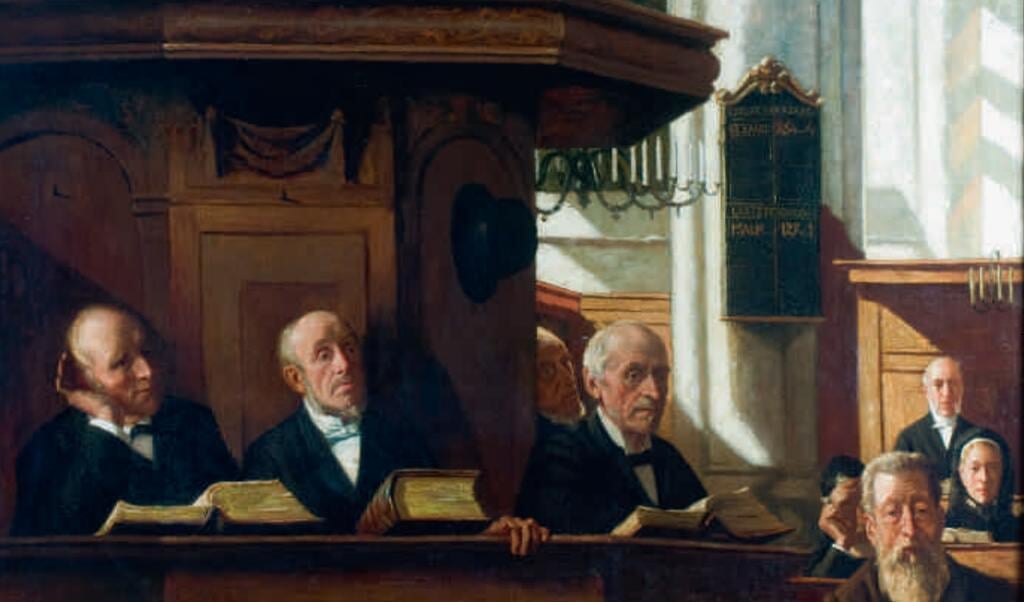 Ouderlingen in de Nieuwe Kerk in Amsterdam, 1894. Schilderij van Bernard de Hoog. (beeld Bernard de Hoog)