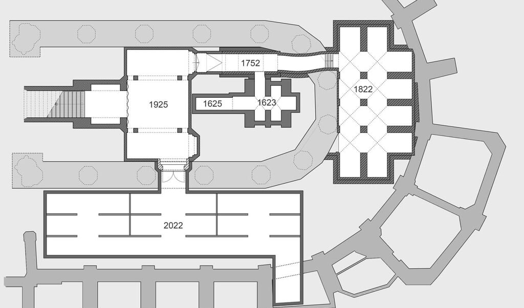 Plattegrond van de huidige koninklijke grafkelder (inclusief jaartallen van realisatie) in de Nieuwe Kerk in Delft. (beeld nd)