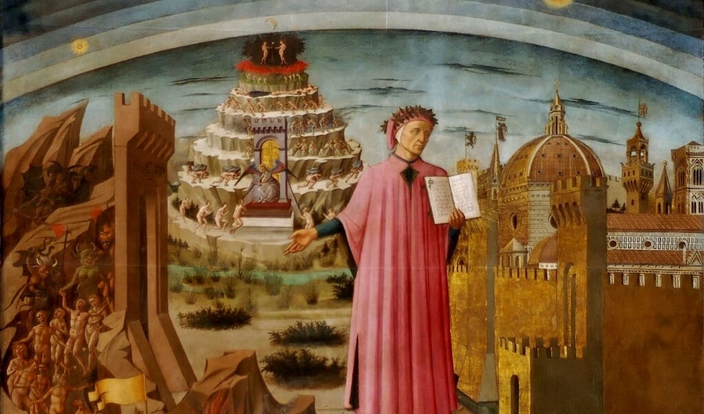 Portret van Dante staande voor Florence met in zijn handen een kopie van zijn Commedia en links de berg van het Purgatorio. Geschilderd door Domenico de Michelino (1465). (beeld wikipedia)