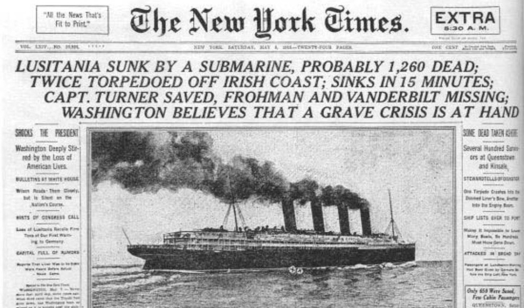 De voorpagina van 'The New York Times' bericht over de scheepsramp, 8 mei 1915. (beeld New York Times / Wikimedia)