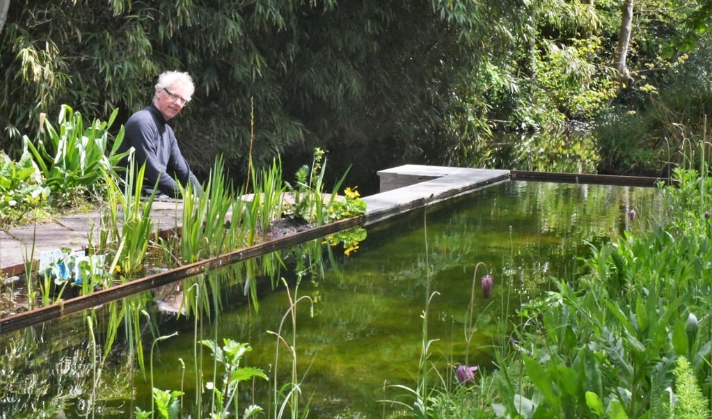 De verdamping van het water uit de vijver van Ruud Aanhane is op hete dagen beperkt tot zo’n zestig liter per dag - een douchebeurt van zo'n tien minuten. (beeld Theo Haerkens)