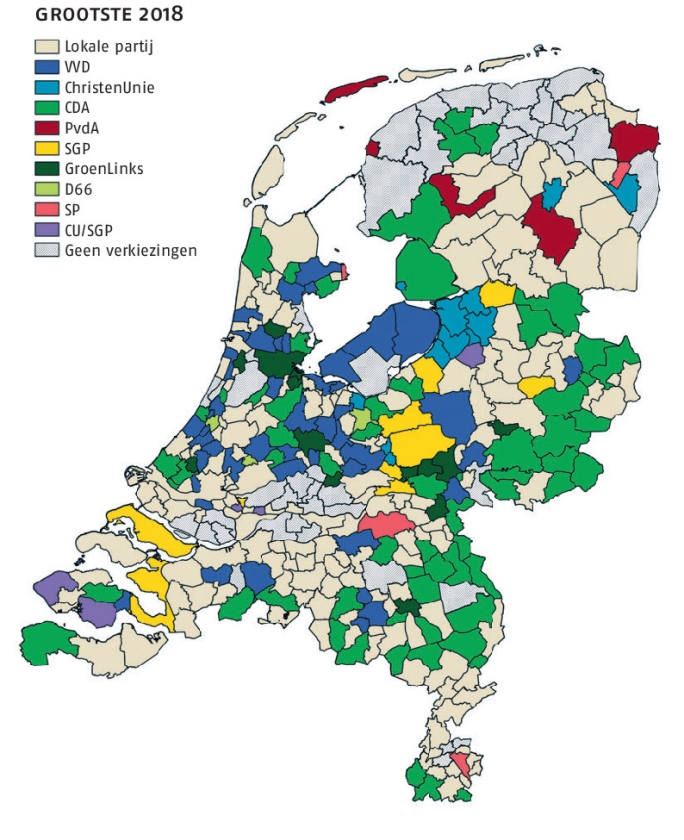 Over de kaart waarop welke partij per gemeente de grootste is, loopt een (donker)groene diagonaal van GroenLinks van Amsterdam naar Nijmegen. (nd)