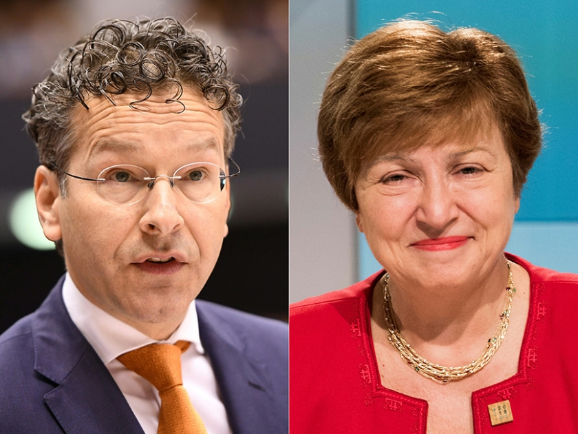 Jeroen Dijsselbloem zag vrijdag het leiderschap van het IMF aan zijn neus voorbijgaan. De functie ging naar de Bulgaarse Kristalina Georgieva. (afp / Joe Klamar en Emmanual Dunand)
