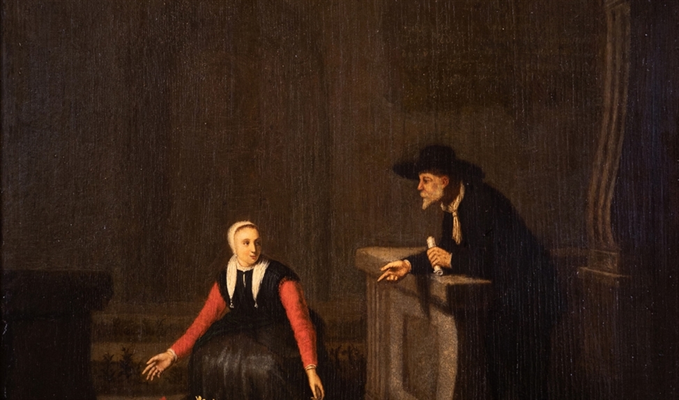 Een vrouw op haar hurken bij een tulpenbed op een schilderij (ongeveer 1650). (rijksdienst voor het cultureel erfgoed)