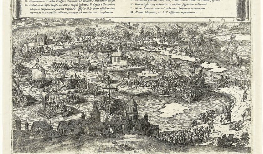 Spaanse soldaten zaten vast bij Empel doordat de dijken waren doorgestoken. Door een wonder – de Maas vroor dicht – werden ze gered. (Rijksmuseum Amsterdam)