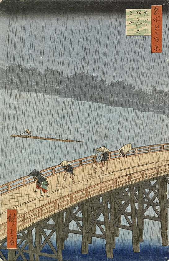 Onverwachte avondbui op de Grote brug bij Atake, Utagawa Hiroshige (1857). (van gogh museum)