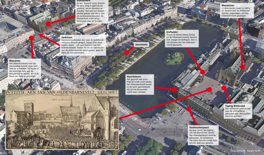 Langs plekken waar Johan van Oldenbarnevelt woonde, werkte en onthoofd werd (met video) (google earth, wikimedia, infographic / Sjoerd Mouissie)
