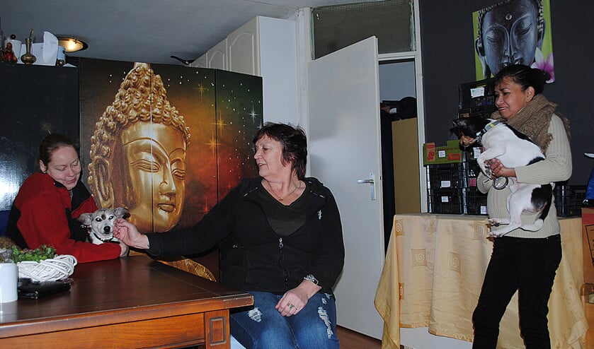 Carla Ziekenoppasser (links) met Marja Eisinga (midden) in de huiskamer en Erica den Heijer (rechts). (nd)