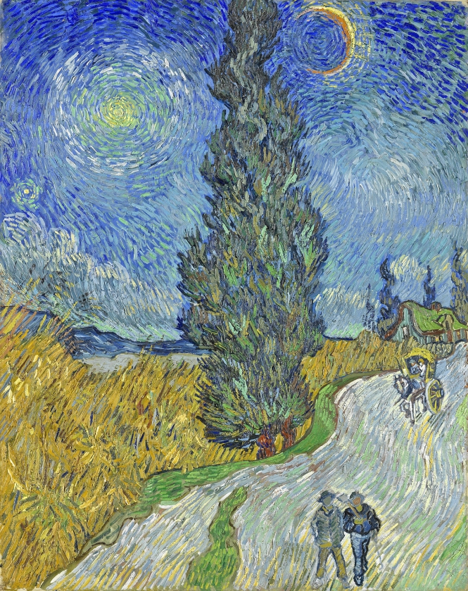 Het kunstwerk ‘Landweg in de Provence bij nacht’ van Vincent van Gogh. Het knalgeel van de schilder wordt langzaam bruin doordat de kleur afbreekt. (collectie kröller-müller museum, otterlo)