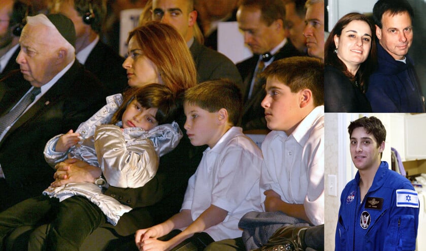 Rona Ramon, met drie van haar kinderen, bij de herdenking voor haar man Ilan in 2003 (naast haar zit toenmalig Israëlisch premier Ariel Sharon). Rechtsboven: Rona en Ilan vlak voor zijn ruimtereis. Onder: hun zoon Asaf. (afp)