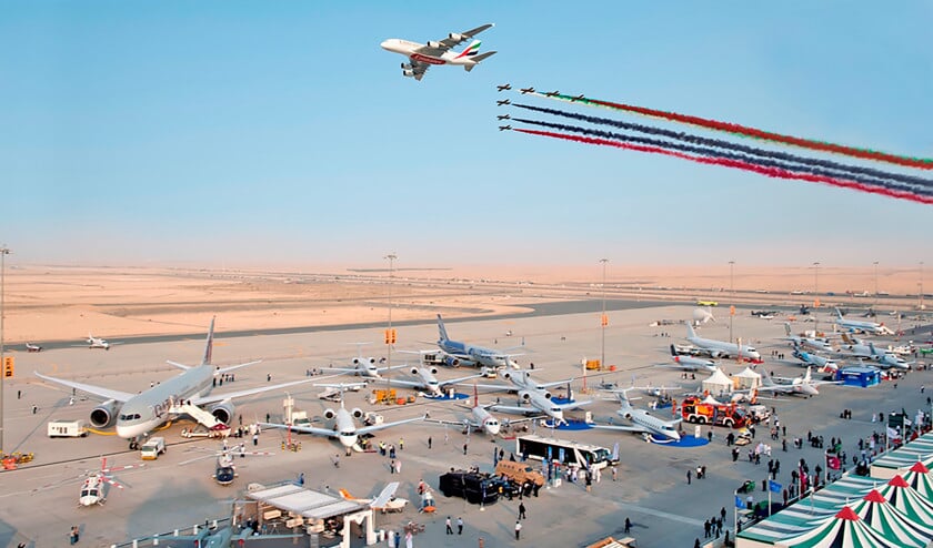 De Dubai Airshow ging dit weekend van start. Het aantal orders van twee jaar geleden (foto) wordt deze keer bij lange na niet gehaald. (ap en Dubai Airshow)