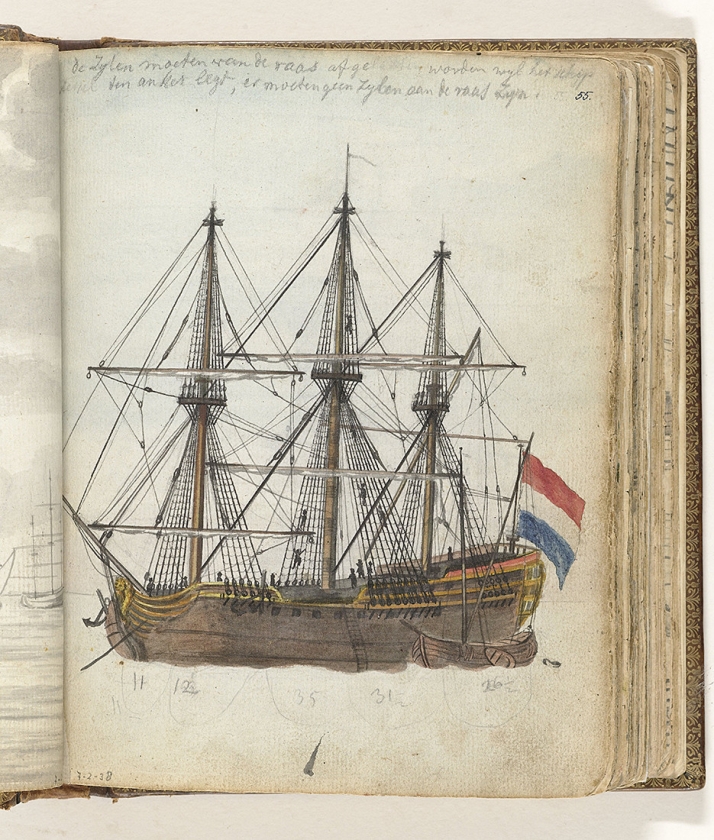 Tekening uit 1808 van een VOC-schip. (rijksmuseum)