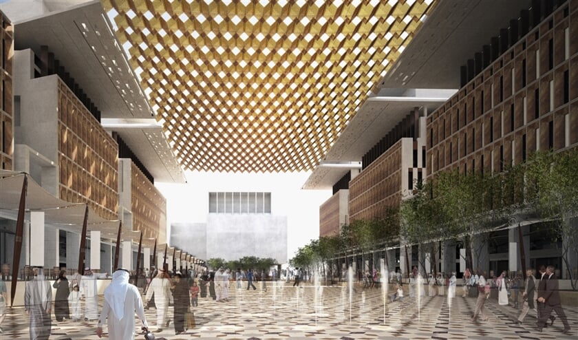 Artistieke impressie van het Barahat Msheireb-plein in Doha, met watergekoelde tegels, is het middelpunt van de nieuwe stadswijk Msheireb Downtown Doha. (wikimedia)