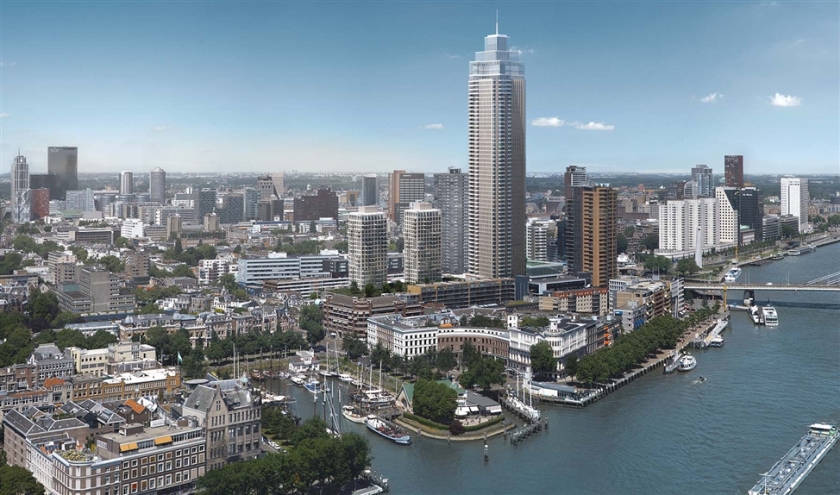 Een impressie van de Zalmhaventoren. De toren aan de voet van de Erasmusbrug wordt 215 meter hoog en wordt in 2022 opgeleverd. (dam & partners architecten)